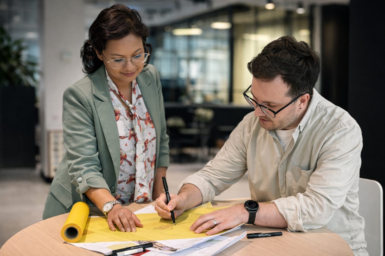 Radian team members working on a drawing